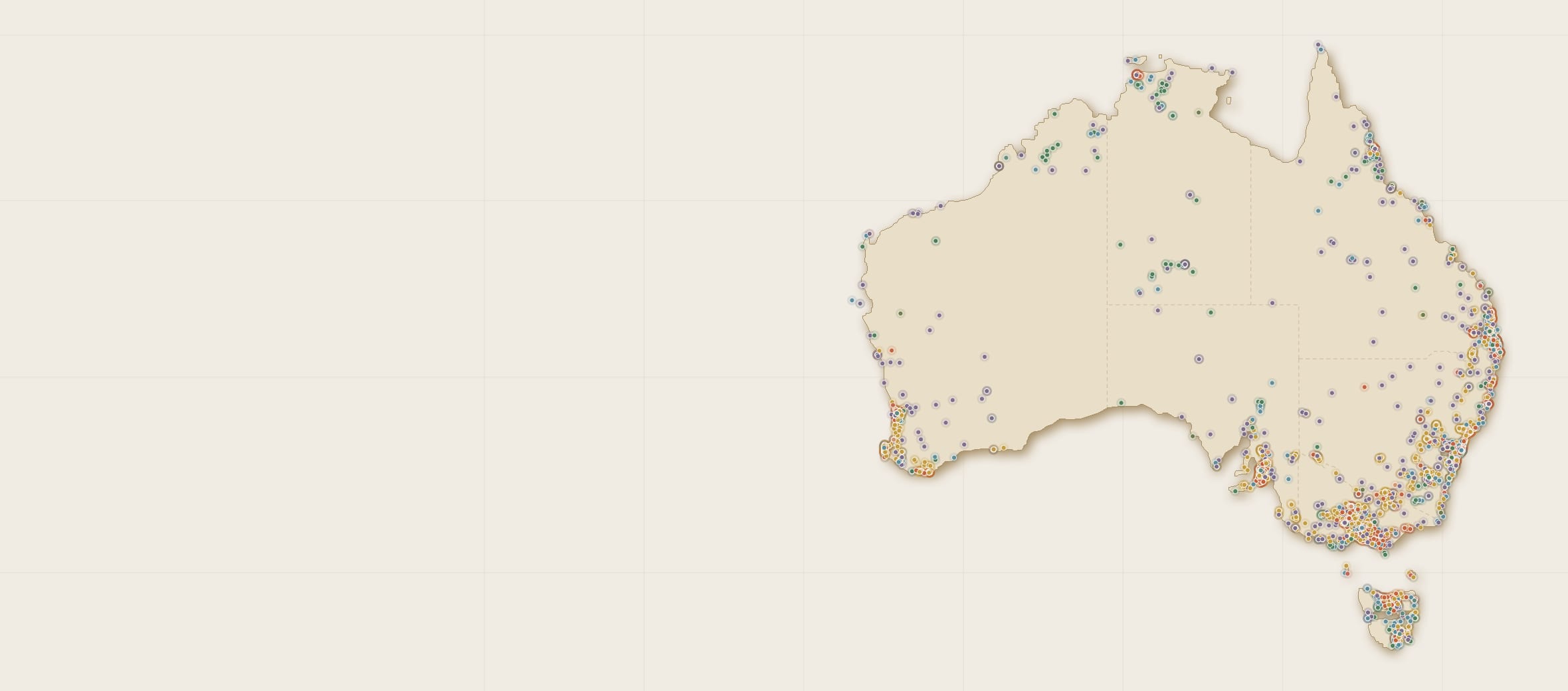 A map of Australia with every verified independent place in the Atlas network marked as a coloured dot — clustered densely around the capital cities and coastlines, scattered through the interior.
